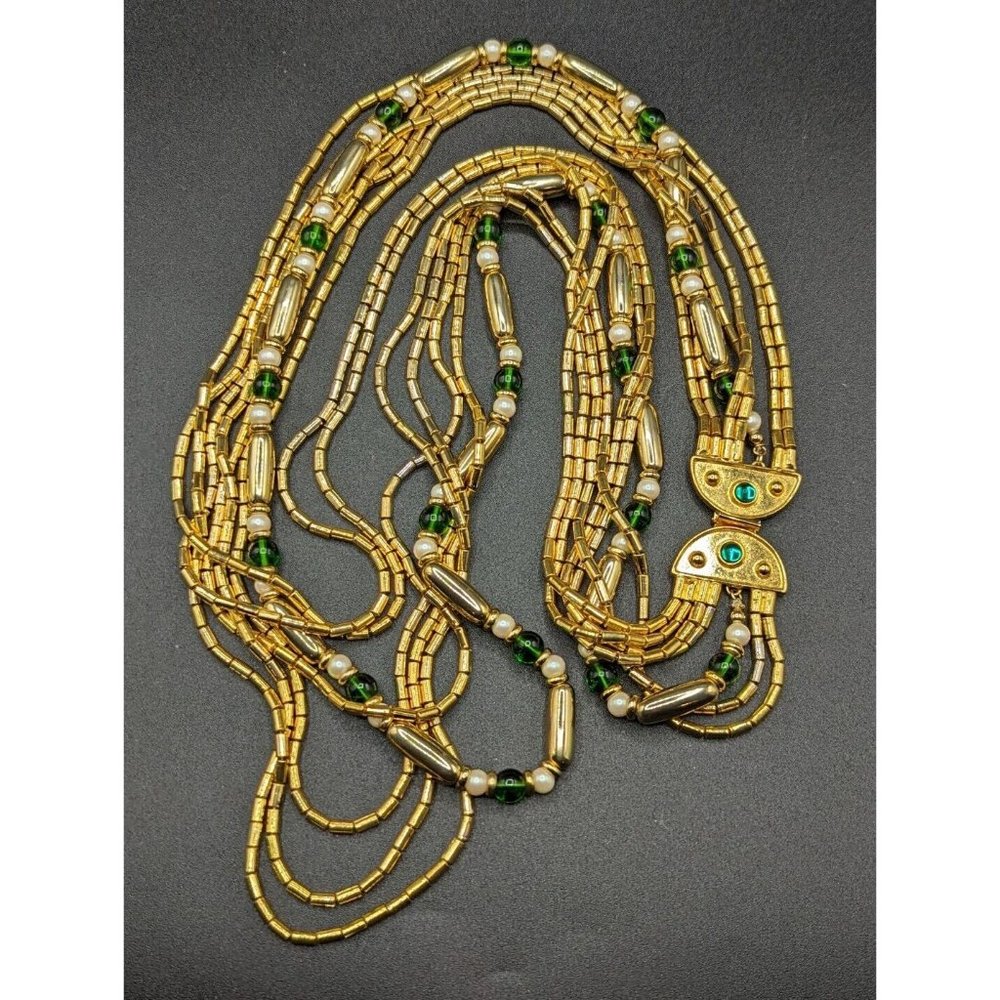 Vintage Ben Amun Signed Gold Tone 7 Row Beaded Layered Long Runway Necklace 31"